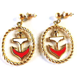 Vintage Avon Anchor Earrings Nautical Drop Red Enamel Pierced Sailing